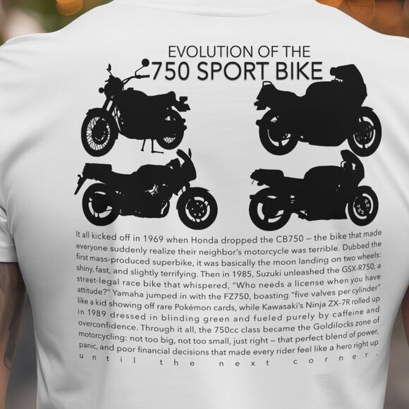 750 Sportbike Evolution Tee: Yamaha, Suzuki, Kawasaki, Honda GSXR, CBR, ZX - Picture 1 of 3